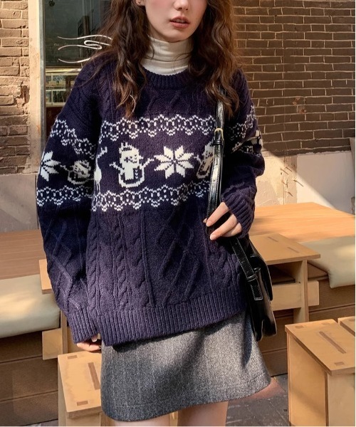 gossip！ロサンゼルス（ゴシップロサンゼルス）の「Y2K ノルディック柄ケーブルニット（ニット/セーター・レディース・ワイン/オフホワイト/ネイビー・FREE）」の17枚目の写真