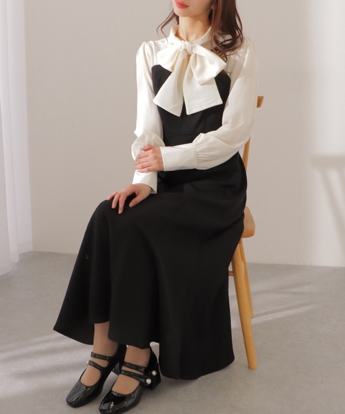 Lace Ladies(レースレディース)の「ボウタイ付き ハートネック ドッキング マキシ ワンピース(ワンピース・レディース・ブルーグレー/グレイッシュベージュ/ブラック・FREE/S)」の12枚目の写真