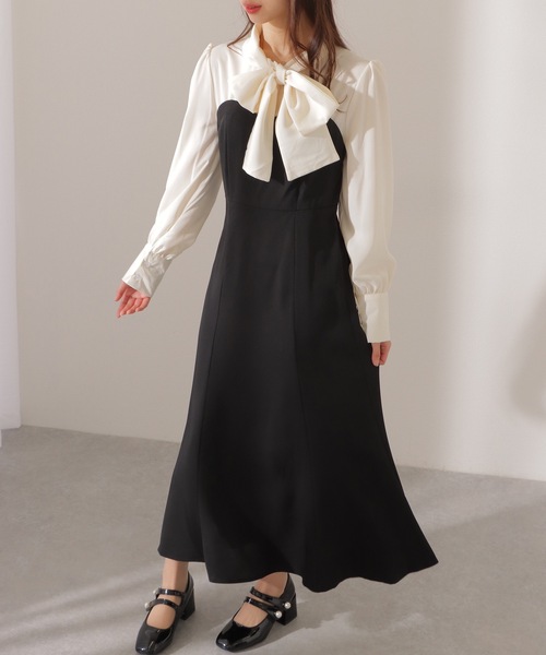 Lace Ladies(レースレディース)の「ボウタイ付き ハートネック ドッキング マキシ ワンピース(ワンピース・レディース・ブルーグレー/グレイッシュベージュ/ブラック・FREE/S)」の13枚目の写真