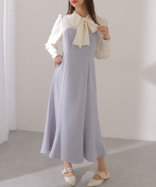 Lace Ladies(レースレディース)の「ボウタイ付き ハートネック ドッキング マキシ ワンピース(ワンピース・レディース・ブルーグレー/グレイッシュベージュ/ブラック・FREE/S)」の8枚目の写真