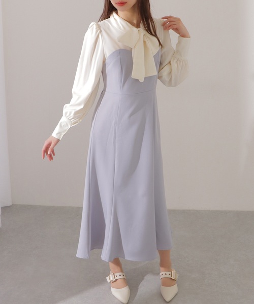 Lace Ladies(レースレディース)の「ボウタイ付き ハートネック ドッキング マキシ ワンピース(ワンピース・レディース・ブルーグレー/グレイッシュベージュ/ブラック・FREE/S)」の4枚目の写真