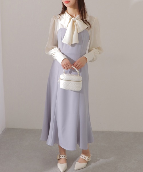 Lace Ladies(レースレディース)の「ボウタイ付き ハートネック ドッキング マキシ ワンピース(ワンピース・レディース・ブルーグレー/グレイッシュベージュ/ブラック・FREE/S)」の7枚目の写真