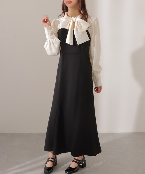 Lace Ladies(レースレディース)の「ボウタイ付き ハートネック ドッキング マキシ ワンピース(ワンピース・レディース・ブルーグレー/グレイッシュベージュ/ブラック・FREE/S)」の9枚目の写真