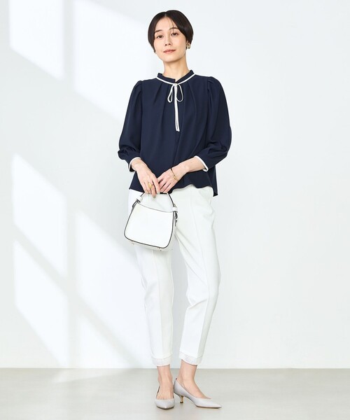 NOLLEY&#39;S - NOLLEY&#39;S ストレッチジョーゼット配色2WAYブラウス ノーリーズ トップ セール】ストレッチジョーゼット配色リボンブラウス（シャツ