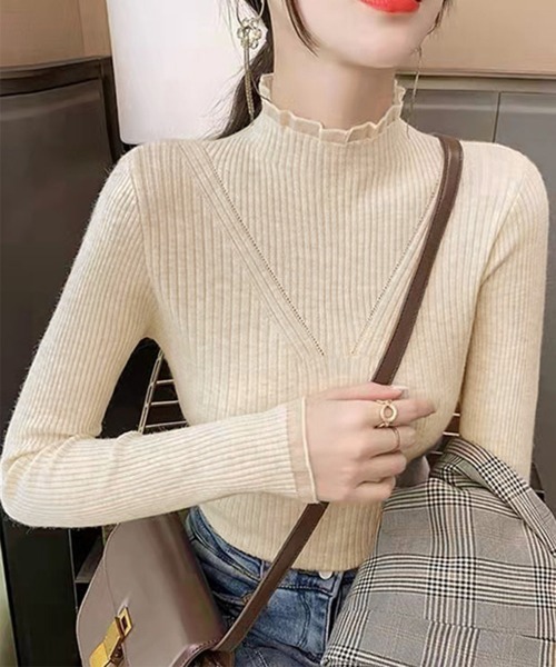 Miniministore(ミニミニストア)の「ニットトップス プチハイネックニットソー(ニット/セーター・レディース・ブルー/イエロー/ブラック/ホワイト/ベージュ・FREE)」の3枚目の写真