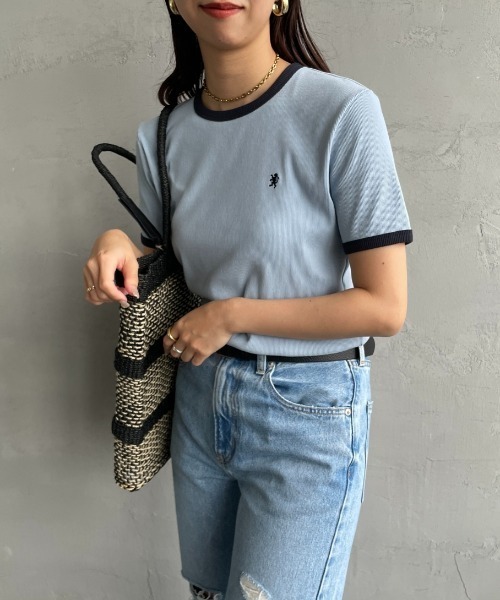 GYMPHLEX（ジムフレックス）の「[GYMPHLEX/ジムフレックス] ワンポイントロゴ刺繍 リンガーリブTシャツ（Tシャツ/カットソー・レディース・ホワイト/サックスブルー・14）」の6枚目の写真