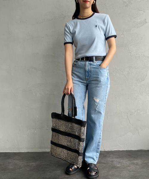 GYMPHLEX（ジムフレックス）の「[GYMPHLEX/ジムフレックス] ワンポイントロゴ刺繍 リンガーリブTシャツ（Tシャツ/カットソー・レディース・ホワイト/サックスブルー・14）」の18枚目の写真