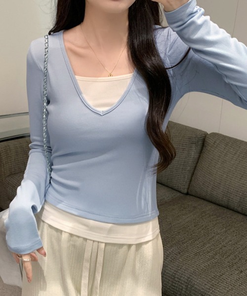 LOWO(ロワ)の「ストレッチ素材Vネックカットソー(Tシャツ/カットソー・レディース・カーキ/ブルー/チャコールグレー/オフホワイト・FREE)」の7枚目の写真