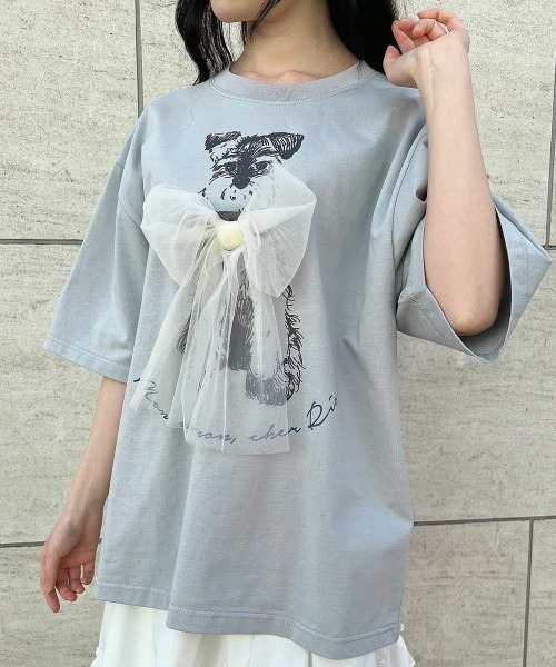 F i.n.t（フィント）の「チュールリボン付きシュナウザープリントビッグＴシャツ【1枚で快適】/fint　フィント（Tシャツ/カットソー・レディース・グレー/アイボリー/ライトピンク/ブルーグレー・FREE）」の4枚目の写真