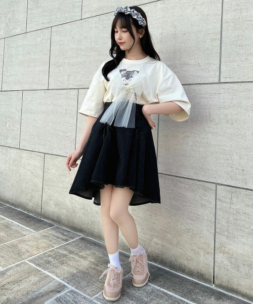 F i.n.t（フィント）の「チュールリボン付きシュナウザープリントビッグＴシャツ【1枚で快適】/fint　フィント（Tシャツ/カットソー・レディース・グレー/アイボリー/ライトピンク/ブルーグレー・FREE）」の5枚目の写真