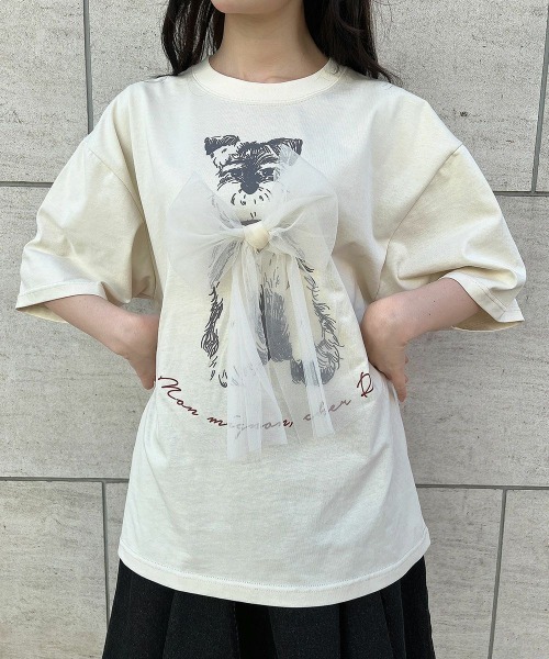 F i.n.t（フィント）の「チュールリボン付きシュナウザープリントビッグＴシャツ【1枚で快適】/fint　フィント（Tシャツ/カットソー・レディース・グレー/アイボリー/ライトピンク/ブルーグレー・FREE）」の7枚目の写真