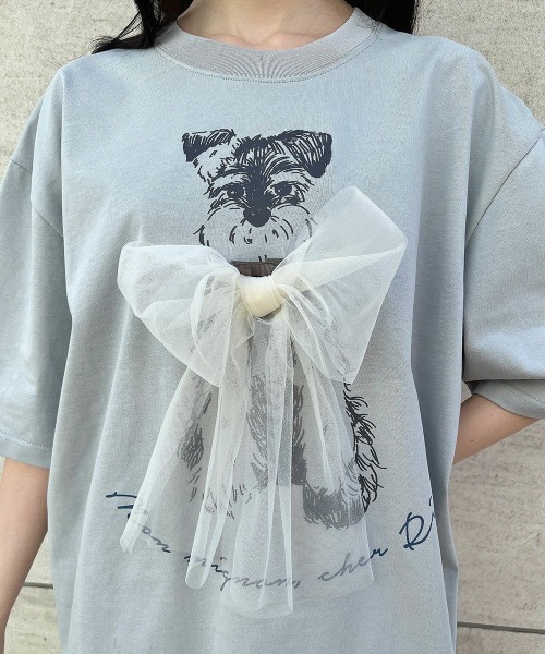 F i.n.t（フィント）の「チュールリボン付きシュナウザープリントビッグＴシャツ【1枚で快適】/fint　フィント（Tシャツ/カットソー・レディース・グレー/アイボリー/ライトピンク/ブルーグレー・FREE）」の10枚目の写真