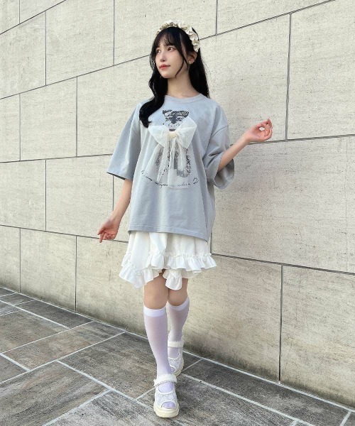 F i.n.t（フィント）の「チュールリボン付きシュナウザープリントビッグＴシャツ【1枚で快適】/fint　フィント（Tシャツ/カットソー・レディース・グレー/アイボリー/ライトピンク/ブルーグレー・FREE）」の13枚目の写真