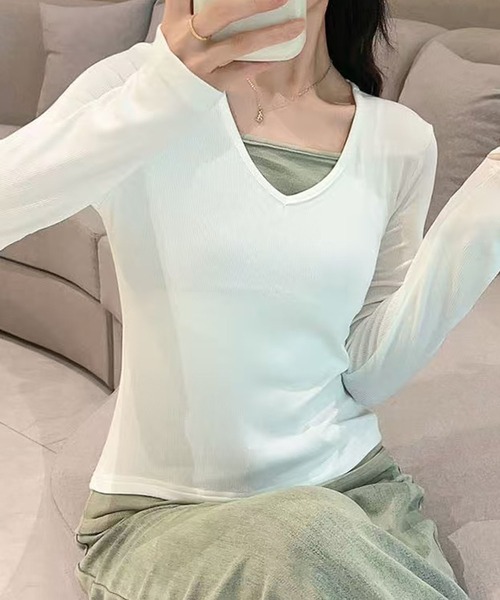 aimoha(アイモハ)の「Vネック長袖リブトップス(Tシャツ/カットソー・レディース・ホワイト/ライトブルー/ブラック/ダークグレー/グリーン・MEDIUM/LARGE)」の2枚目の写真