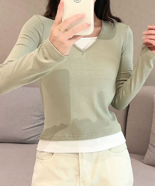 aimoha(アイモハ)の「Vネック長袖リブトップス(Tシャツ/カットソー・レディース・ホワイト/ライトブルー/ブラック/ダークグレー/グリーン・MEDIUM/LARGE)」の4枚目の写真