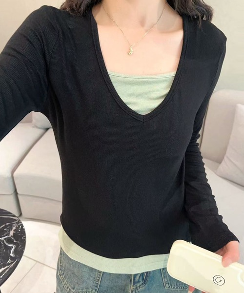 aimoha(アイモハ)の「Vネック長袖リブトップス(Tシャツ/カットソー・レディース・ホワイト/ライトブルー/ブラック/ダークグレー/グリーン・MEDIUM/LARGE)」の1枚目の写真