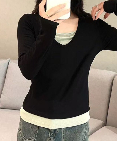 aimoha(アイモハ)の「Vネック長袖リブトップス(Tシャツ/カットソー・レディース・ホワイト/ライトブルー/ブラック/ダークグレー/グリーン・MEDIUM/LARGE)」の7枚目の写真