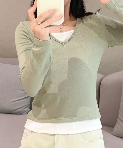 aimoha(アイモハ)の「Vネック長袖リブトップス(Tシャツ/カットソー・レディース・ホワイト/ライトブルー/ブラック/ダークグレー/グリーン・MEDIUM/LARGE)」の8枚目の写真