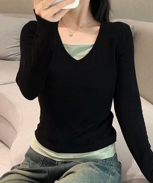aimoha(アイモハ)の「Vネック長袖リブトップス(Tシャツ/カットソー・レディース・ホワイト/ライトブルー/ブラック/ダークグレー/グリーン・MEDIUM/LARGE)」の11枚目の写真