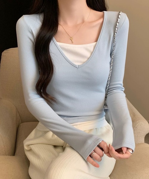aimoha(アイモハ)の「Vネック長袖リブトップス(Tシャツ/カットソー・レディース・ホワイト/ライトブルー/ブラック/ダークグレー/グリーン・MEDIUM/LARGE)」の12枚目の写真