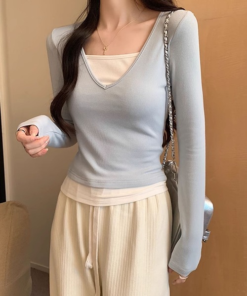 aimoha(アイモハ)の「Vネック長袖リブトップス(Tシャツ/カットソー・レディース・ホワイト/ライトブルー/ブラック/ダークグレー/グリーン・MEDIUM/LARGE)」の13枚目の写真