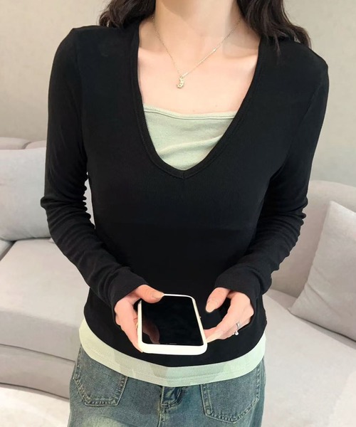 aimoha(アイモハ)の「Vネック長袖リブトップス(Tシャツ/カットソー・レディース・ホワイト/ライトブルー/ブラック/ダークグレー/グリーン・MEDIUM/LARGE)」の14枚目の写真