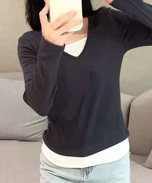 aimoha(アイモハ)の「Vネック長袖リブトップス(Tシャツ/カットソー・レディース・ホワイト/ライトブルー/ブラック/ダークグレー/グリーン・MEDIUM/LARGE)」の17枚目の写真