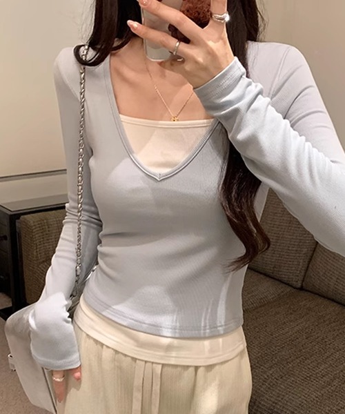aimoha(アイモハ)の「Vネック長袖リブトップス(Tシャツ/カットソー・レディース・ホワイト/ライトブルー/ブラック/ダークグレー/グリーン・MEDIUM/LARGE)」の19枚目の写真