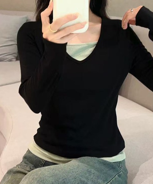 aimoha(アイモハ)の「Vネック長袖リブトップス(Tシャツ/カットソー・レディース・ホワイト/ライトブルー/ブラック/ダークグレー/グリーン・MEDIUM/LARGE)」の20枚目の写真
