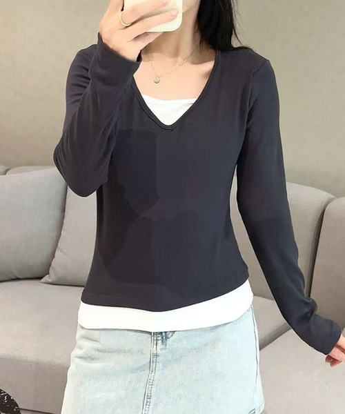 aimoha(アイモハ)の「Vネック長袖リブトップス(Tシャツ/カットソー・レディース・ホワイト/ライトブルー/ブラック/ダークグレー/グリーン・MEDIUM/LARGE)」の21枚目の写真