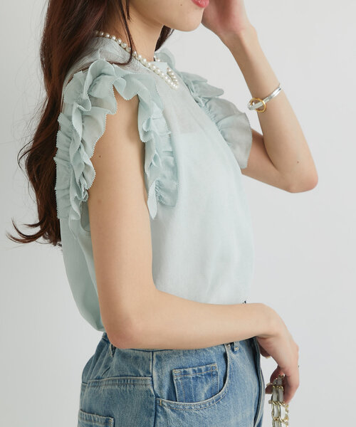 La boutique BonBon(ラブティックボンボン)の「【最強モテブラウス】フリルノースリブラウス(シャツ/ブラウス・レディース・ホワイト/ミント/ネイビー・FREE)」の8枚目の写真