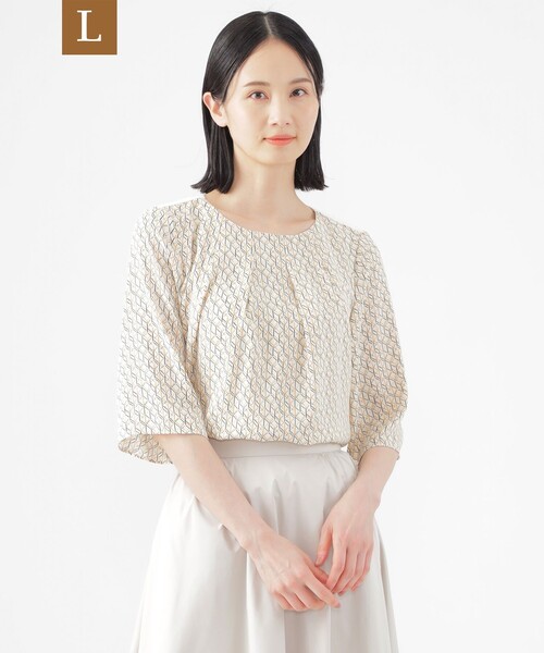 TRANS WORK(トランスワーク)の「【L】【ウォッシャブル】ラインキューブプリントコンビブラウス(シャツ/ブラウス・レディース・ホワイト系その他/ピンク系その他2/ネイビー・46/44)」の1枚目の写真