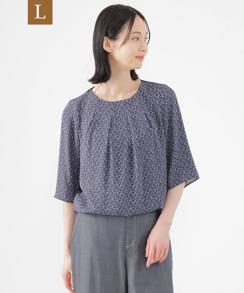 TRANS WORK(トランスワーク)の「【L】【ウォッシャブル】ラインキューブプリントコンビブラウス(シャツ/ブラウス・レディース・ホワイト系その他/ピンク系その他2/ネイビー・46/44)」の2枚目の写真