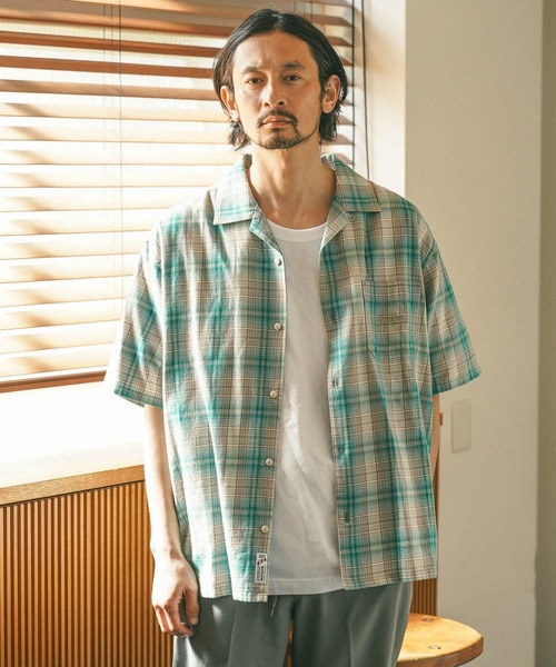 BAYFLOW（ベイフロー）の「[ヴィンテージライク] オープンカラー半袖チェックシャツ（シャツ/ブラウス・メンズ・グリーン/ブルー/ブラック/レッド・MEDIUM/LARGE）」の3枚目の写真