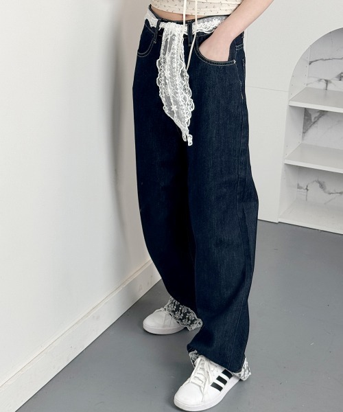 セール】ワイドデニム レースベルト 2点セット（デニムパンツ