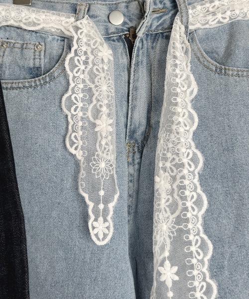 セール】ワイドデニム レースベルト 2点セット（デニムパンツ）｜VIVID