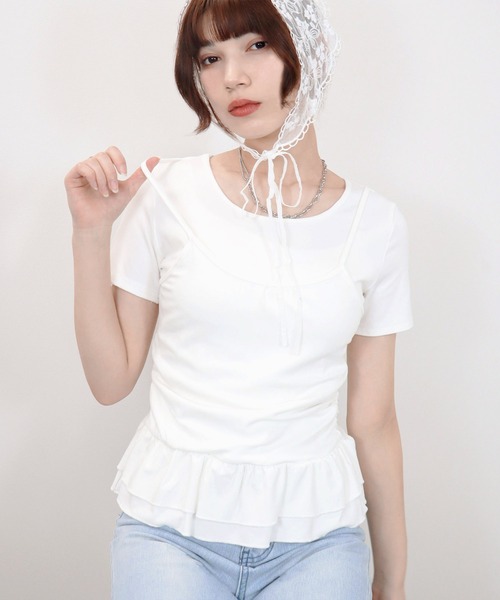 Reurie'(レウリィ)の「フリルヘムT / ペプラム レイヤード 重ね着 キャミソール ビスチェ シンプル バレエコア 韓国 フェミニン(Tシャツ/カットソー・レディース・ホワイト/ブラック/グレー・FREE)」の7枚目の写真