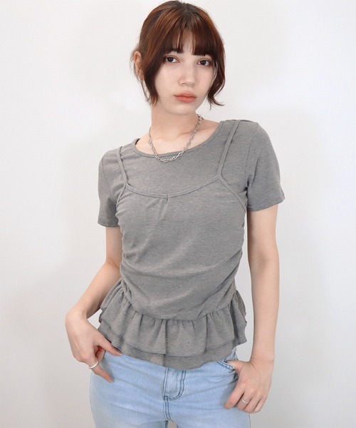 Reurie'(レウリィ)の「フリルヘムT / ペプラム レイヤード 重ね着 キャミソール ビスチェ シンプル バレエコア 韓国 フェミニン(Tシャツ/カットソー・レディース・ホワイト/ブラック/グレー・FREE)」の5枚目の写真