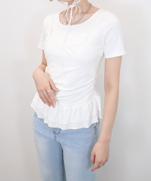 Reurie'(レウリィ)の「フリルヘムT / ペプラム レイヤード 重ね着 キャミソール ビスチェ シンプル バレエコア 韓国 フェミニン(Tシャツ/カットソー・レディース・ホワイト/ブラック/グレー・FREE)」の6枚目の写真