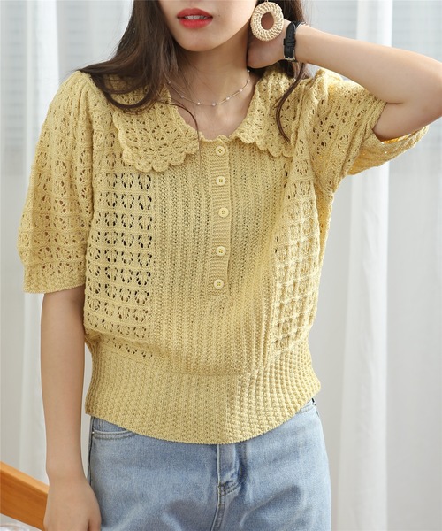 美品　ROBE de PEAU イエロー ニット 長袖 セーター 透かし編みニット（ニット/セーター）｜OWNth（オンス）の