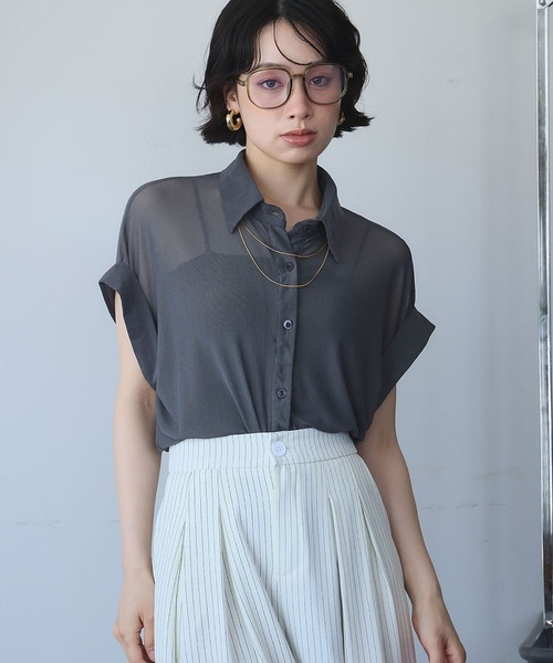 Ampirula(アンピルーラ)の「メッシュシャツブラウス(シャツ/ブラウス・レディース・ブラック/チャコールグレー/ホワイト・FREE)」の6枚目の写真