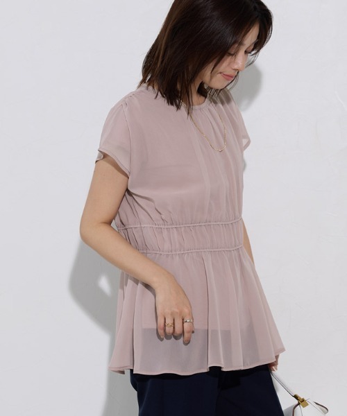 Pierrot(ピエロ)の「【機能インナー付き】ウエストシャーリングシフォンブラウス(シャツ/ブラウス・レディース・グレイッシュベージュ/ネイビー/ダークグレー/ブルー系その他/ピンク・M/L)」の5枚目の写真
