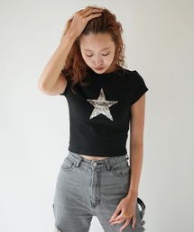 Jelly moo（ジェリームー）の「【 Jelly moo / ジェリームー 】 スパンコール スター クロップド Tシャツ / チビTシャツ（Tシャツ/カットソー）」