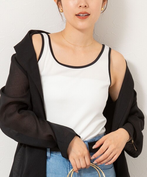 NOLLEY’S(ノーリーズ)の「テレコ配色タンクトップ(タンクトップ・レディース・ホワイト/オリーブ/ブラック・38)」の1枚目の写真