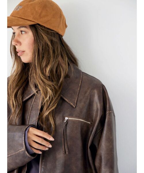 ungrid ブラウン レザー オーバーサイズジャケット アングリッド Ungrid フェイクレザーブルゾン （ブラック