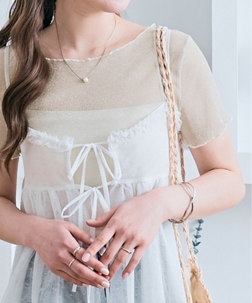 kirakiraShop(キラキラショップ)の「ラメ シアー メロウ トップス(Tシャツ/カットソー・レディース・ホワイト/ブラウン/ピンク/ベージュ/ダークグレー/シルバー/ブラック/アイボリー/ワイン・FREE)」の6枚目の写真