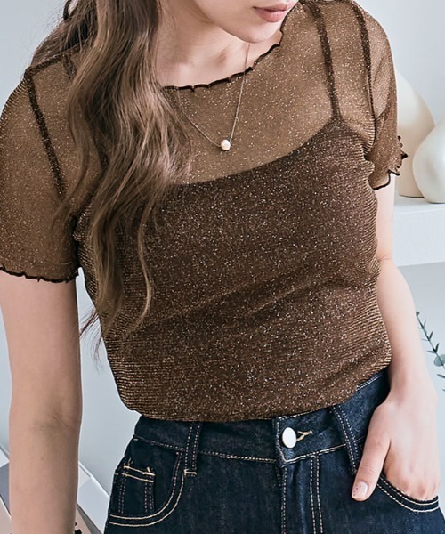 kirakiraShop(キラキラショップ)の「ラメ シアー メロウ トップス(Tシャツ/カットソー・レディース・ホワイト/ブラウン/ピンク/ベージュ/ダークグレー/シルバー/ブラック/アイボリー/ワイン・FREE)」の4枚目の写真