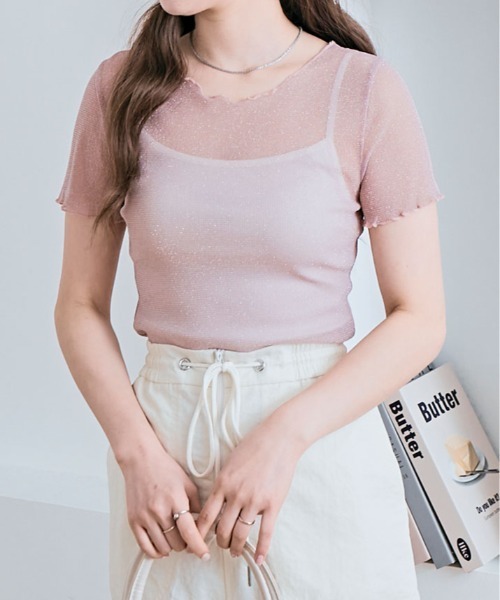 kirakiraShop(キラキラショップ)の「ラメ シアー メロウ トップス(Tシャツ/カットソー・レディース・ホワイト/ブラウン/ピンク/ベージュ/ダークグレー/シルバー/ブラック/アイボリー/ワイン・FREE)」の7枚目の写真