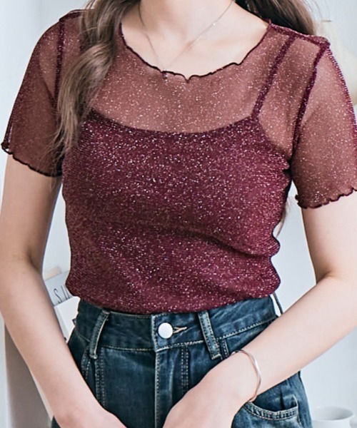 kirakiraShop(キラキラショップ)の「ラメ シアー メロウ トップス(Tシャツ/カットソー・レディース・ホワイト/ブラウン/ピンク/ベージュ/ダークグレー/シルバー/ブラック/アイボリー/ワイン・FREE)」の8枚目の写真