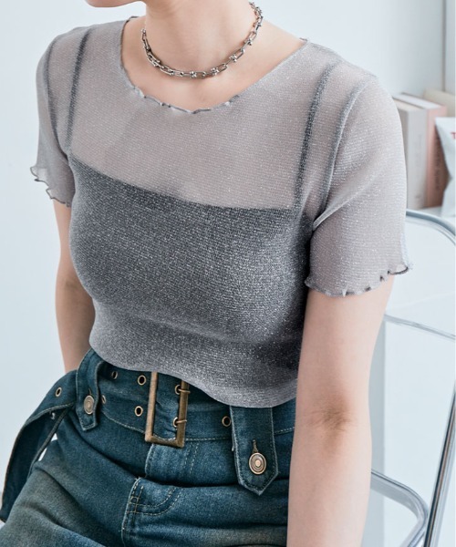 kirakiraShop(キラキラショップ)の「ラメ シアー メロウ トップス(Tシャツ/カットソー・レディース・ホワイト/ブラウン/ピンク/ベージュ/ダークグレー/シルバー/ブラック/アイボリー/ワイン・FREE)」の9枚目の写真